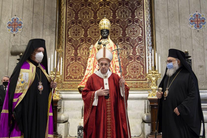 A handout picture provided by the Vatican Media shows Pope Francis leading Holy Mass and blessing of the pallium for the new Metropolitan Archbishops, wearing face masks in Vatican, 29 June 2021. EPA/VATICAN MEDIA HANDOUT A handout picture provided by the Vatican Media shows Pope Francis leading Holy Mass and blessing of the pallium for the new Metropolitan Archbishops, wearing face masks in Vatican, 29 June 2021. EPA/VATICAN MEDIA HANDOUT
