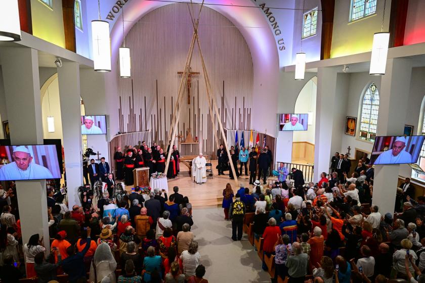 Pope Francis arrives at the Sacred Heart Church of the First Peoples to meet with members of the Indigenous community in Edmonton, Alberta, Canada, on July 25, 2022. Pope Francis on Monday apologized for the "evil" inflicted on the Indigenous peoples of Canada on the first day of a visit focused on addressing decades of abuse committed at Catholic institutions. Vincenzo PINTO / AFP Pope Francis arrives at the Sacred Heart Church of the First Peoples to meet with members of the Indigenous community in Edmonton, Alberta, Canada, on July 25, 2022. Pope Francis on Monday apologized for the "evil" inflicted on the Indigenous peoples of Canada on the first day of a visit focused on addressing decades of abuse committed at Catholic institutions. Vincenzo PINTO / AFP