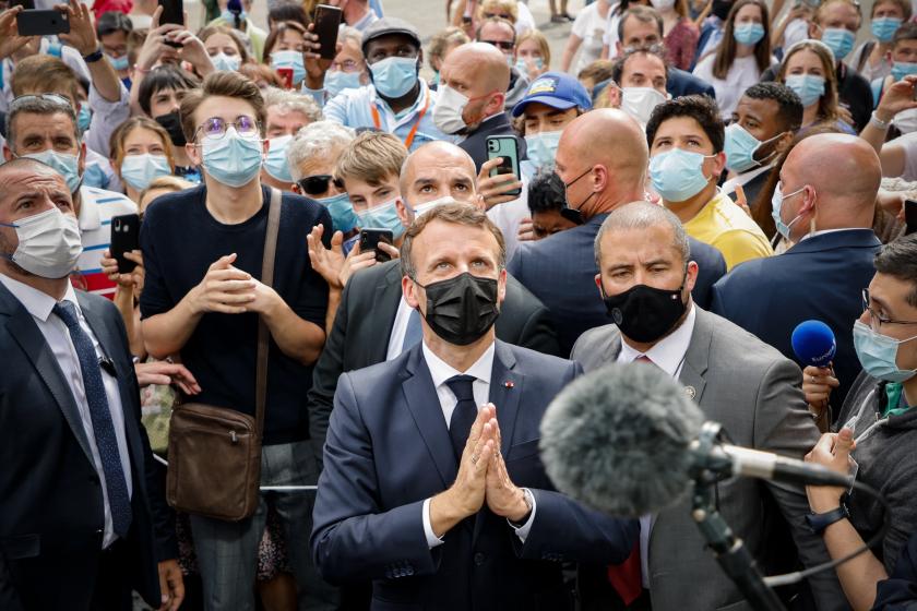 French President Emmanuel Macron arrives for a visit at the Catholic sanctuary of Notre Dame de Lourdes, southwestern France, on July 16, 2021. Macron is on a two-day visit in southwestern France, notably to attend stages of the 108th edition of the Tour de France cycling race. Ludovic MARIN / AFP French President Emmanuel Macron arrives for a visit at the Catholic sanctuary of Notre Dame de Lourdes, southwestern France, on July 16, 2021. Macron is on a two-day visit in southwestern France