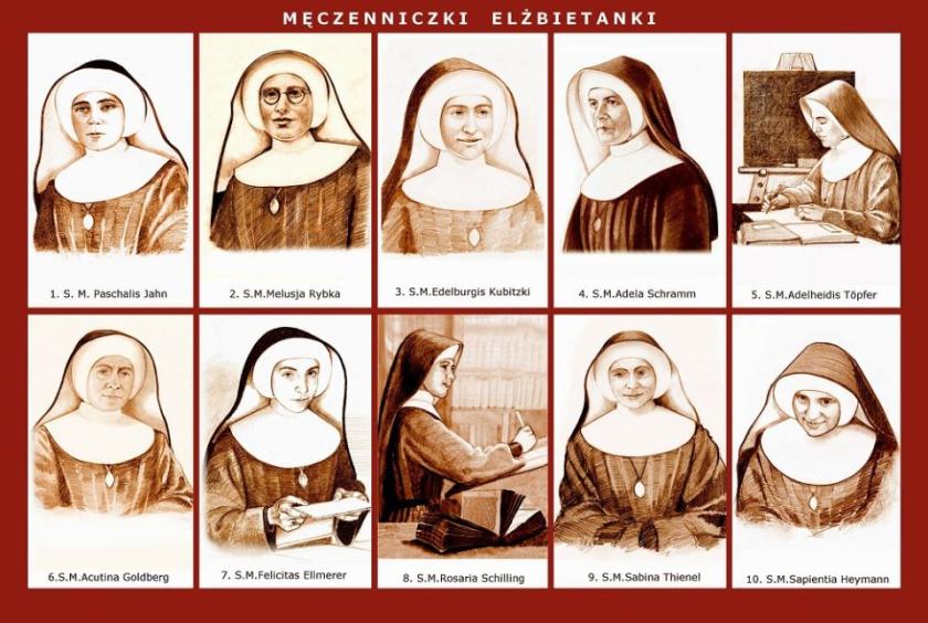 Paschalis Jahn, Edelburgis Kubitzki, Rosario Schilling, Adelo Schramm, Sabino Thienel, Sapientio Heymann, Melusjo Rybka, Adelheidis Töpfer, Felicytas Ellmerer, Acutino Goldberg. Paschalis en gezellinnen