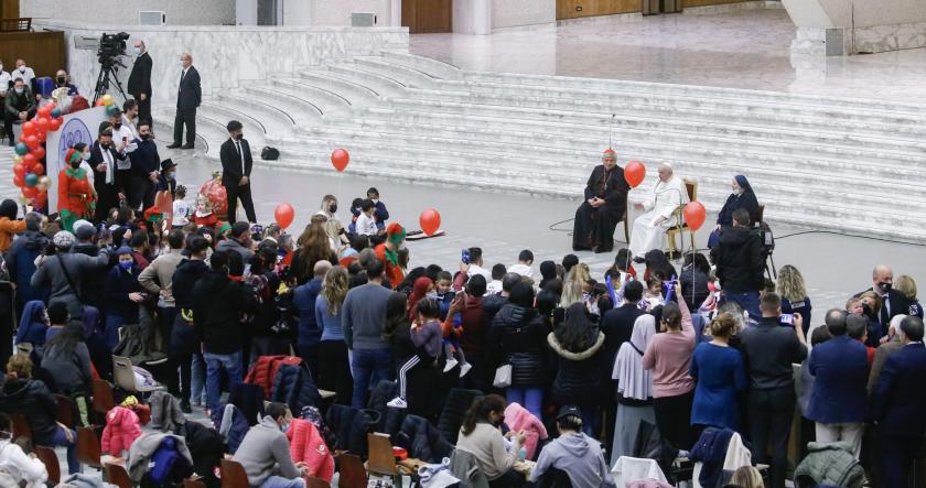 Pope Francis meets with children assisted by Santa Marta dispensary, Vatican, 19 December 2021. Pope Francis on 19 December attended a pre-Christmas event with a group of children and their parents who are assisted by the Vatican's Santa Marta Paediatric Dispensary. EPA/FABIO FRUSTACI Pope Francis meets with children assisted by Santa Marta dispensary, Vatican, 19 December 2021. Pope Francis on 19 December attended a pre-Christmas event with a group of children and their parents who are assisted by the Vatican's Santa Marta Paediatric Dispensary.