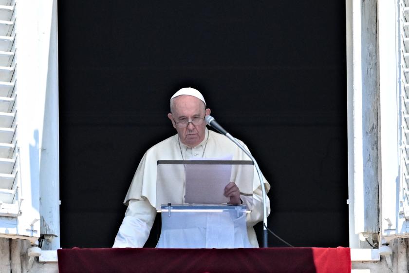 Pope Francis delivers the Sunday Angelus prayer from the window of his study overlooking St.Peter' Square at the Vatican on July 17, 2022. Pope Francis delivers the Sunday Angelus prayer from the window of his study overlooking St.Peter' Square at the Vatican on July 17, 2022. Andreas SOLARO / AFP