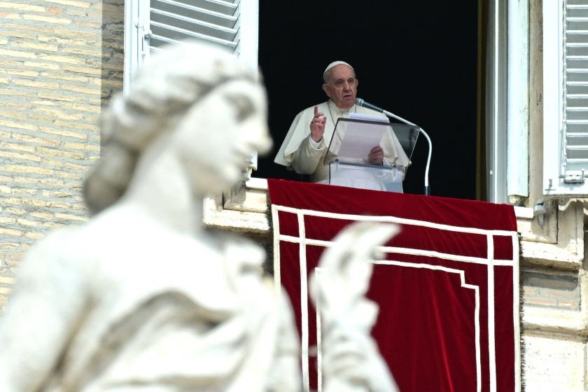Pope Francis speaks to the crowd during his Angelus prayer from the window of the apostolic palace overlooking St Peter's Square at the Vatican, on March 27, 2022. VINCENZO PINTO / AFP Pope Francis speaks to the crowd during his Angelus prayer from the window of the apostolic palace overlooking St Peter's Square at the Vatican, on March 27, 2022.