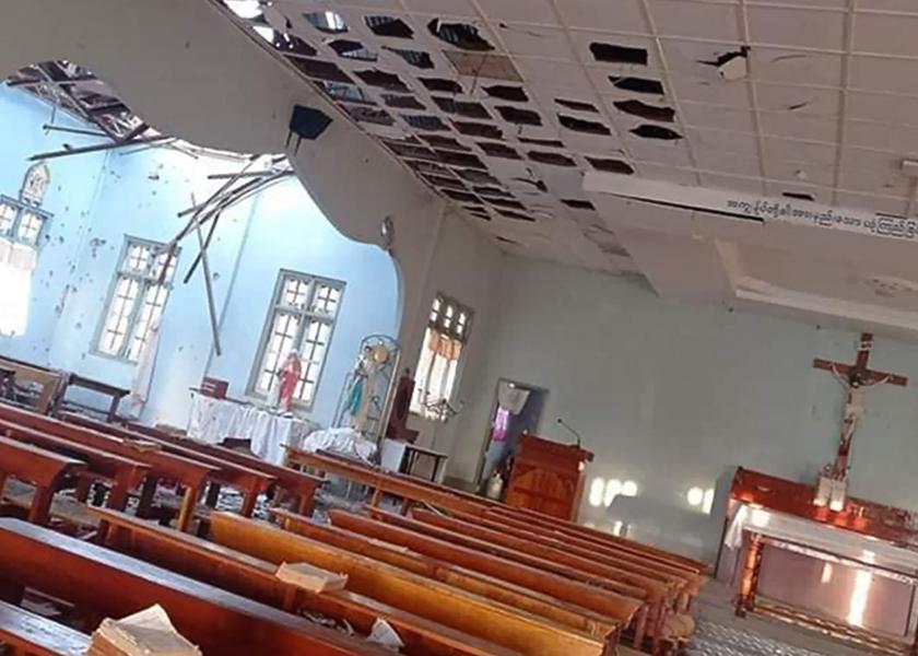 This handout photo from local media group Kantarawaddy Times taken and released on May 24, 2021 shows a damaged church in which four people taking refuge were killed, in an army shelling in Loikaw in Myanmar's eastern Kayah State as clashes continue in the area between the army and the local rebel fighters. Handout / Kantarawaddy Times / AFP This handout photo from local media group Kantarawaddy Times taken and released on May 24, 2021 shows a damaged church in which four people taking refuge were killed, in an army shelling in Loikaw in Myanmar's eastern Kayah State as clashes continue in the area between the army and the local rebel fighters. Handout / Kantarawaddy Times / AFP