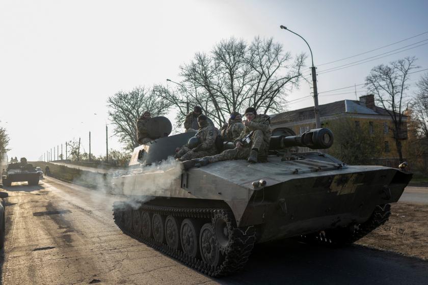 Ukrainian soldiers ride on a Self-propelled artillery 2S1 Gvozdika outside Bakhmut on November 9, 2022, amid the Russian invasion of Ukraine. Ukrainian soldiers ride on a Self-propelled artillery 2S1 Gvozdika outside Bakhmut on November 9, 2022, amid the Russian invasion of Ukraine.