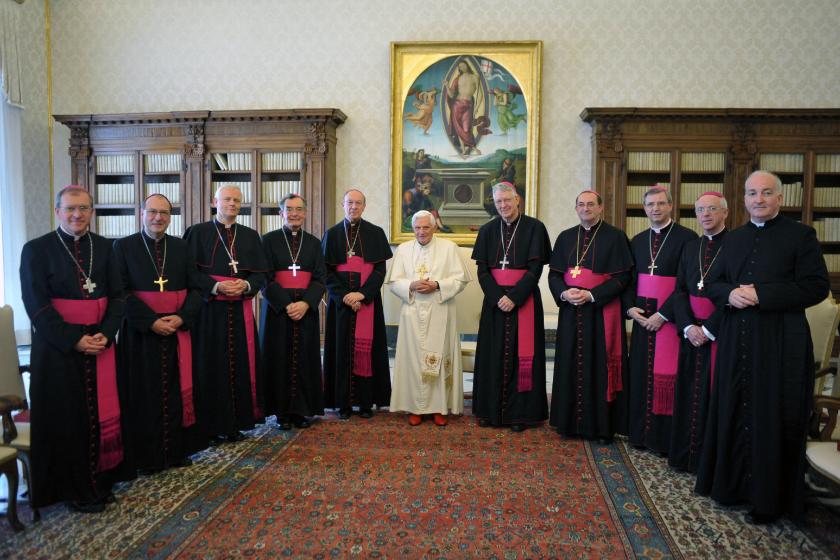 This handout picture released by The Vatican press office on May 8, 2010 shows Pope Benedict XVI meeting with Belgian bishops at The Vatican after their Ad Limina vist. AFP PHOTO / OSSERVATORE ROMANO/HO RESTRICTED TO EDITORIAL USE OSSERVATORE ROMANO / AFP. This handout picture released by The Vatican press office on May 8, 2010 shows Pope Benedict XVI meeting with Belgian bishops at The Vatican after their Ad Limina vist.