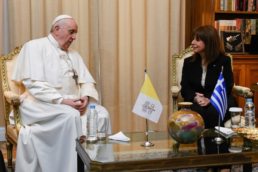 Pope Francis meeting Greek President Katerina Sakellaropoulou at the Presidential Palace in Athens. Greece with the first visit to Athens by a pontiff in two decades, aiming to improve relations with the Orthodox Church of Greece and highlight the plight of refugees. Handout / VATICAN MEDIA Pope Francis meeting Greek President Katerina Sakellaropoulou at the Presidential Palace in Athens. Greece with the first visit to Athens by a pontiff in two decades, aiming to improve relations with the Orthodox Church of Greece and highlight the plight of refugees. Handout / VATICAN MEDIA