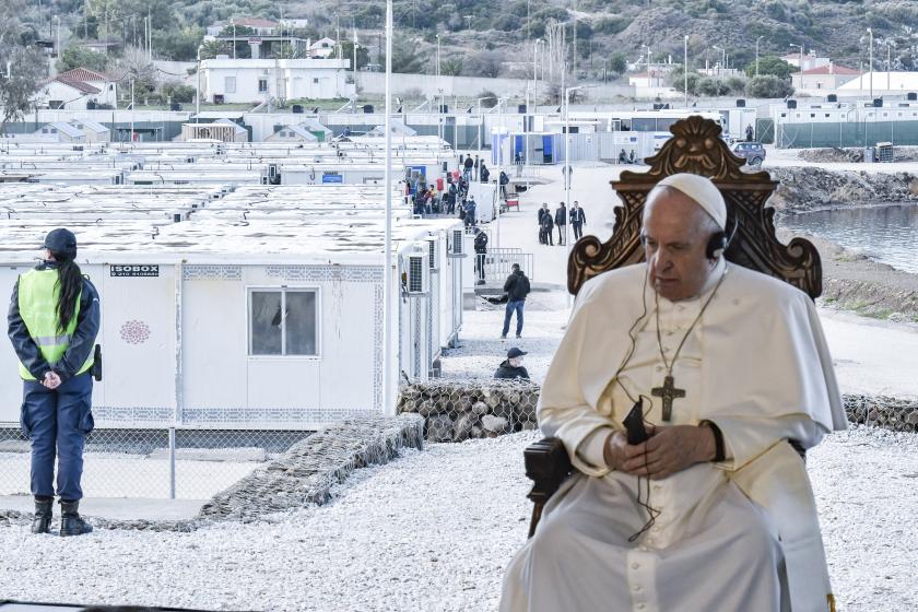 Pope Francis listens to a speech during a meeting with refugees at the Reception and Identification Centre (RIC) in Mytilene on the island of Lesbos on December 5, 2021. Pope Francis return to the island of Lesbos, the migration flashpoint he first visited in 2016, to plead for better treatment of refugees as attitudes towards immigrants harden across Europe. Louisa GOULIAMAKI / POOL / AFP Pope Francis listens to a speech during a meeting with refugees at the Reception and Identification Centre (RIC) in Mytilene on the island of Lesbos on December 5, 2021. Pope Francis return to the island of Lesbos, the migration flashpoint he first visited in 2016, to plead for better treatment of refugees as attitudes towards immigrants harden across Europe.