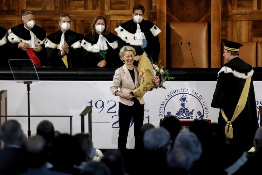 European Commission President Ursula von der Leyen (C) and Rector Franco Anelli (R) attend the inauguration of the Academic Year of the Catholic University (Universita' Cattolica) in Milan, northern Italy, 19 December 2021. EPA/MOURAD BALTI TOUATI European Commission President Ursula von der Leyen (C) and Rector Franco Anelli (R) attend the inauguration of the Academic Year of the Catholic University (Universita' Cattolica) in Milan, northern Italy, 19 December 2021