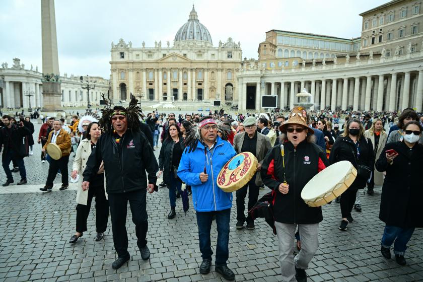 Newly elected Dene Nation National Chief Gerald Antoine (Rear 2ndL with suede jacket), former national chief of Canada's Assembly of First Nations (AFN), Phil Fontaine (3rdL rear), escorted by delegation members, arrive to address the media on March 31, 2022 at St. Peter's square in The Vatican, following a meeting with the Pope, as part of a series of a week-long meetings of Canada's Indigenous elders, leaders, survivors and youth at the Vatican. Vincenzo PINTO / AFP Newly elected Dene Nation National Chief Gerald Antoine (Rear 2ndL with suede jacket), former national chief of Canada's Assembly of First Nations (AFN), Phil Fontaine (3rdL rear), escorted by delegation members, arrive to address the media on March 31, 2022 at St. Peter's square in The Vatican, following a meeting with the Pope, as part of a series of a week-long meetings of Canada's Indigenous elders, leaders, survivors and youth at the Vatican.