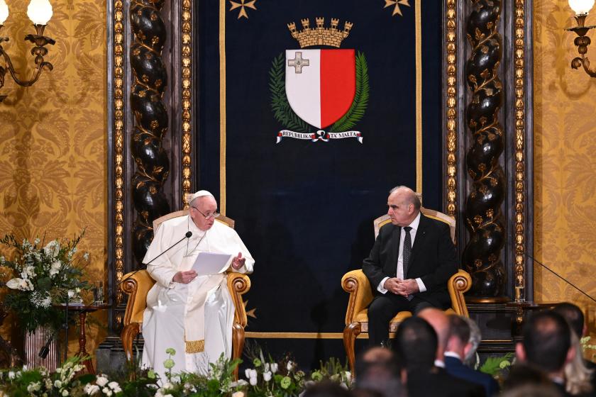 Pope Francis (L) and Malta's President, George Vella address the authorities and the diplomatic corps in the Grand Council Chamber of the Grand Master's presidential Palace on April 02, 2022 in Valletta, Malta, on the first day of the Pope's two-day trip to the Mediterranean archipelago. Pope Francis heads for a two-day trip to Catholic-majority Malta where he will again highlight the plight of migrants, as the Ukraine war sends a stream of refugees across Europe. Andreas SOLARO / AFP Pope Francis (L) and Malta's President, George Vella address the authorities and the diplomatic corps in the Grand Council Chamber of the Grand Master's presidential Palace on April 02, 2022 in Valletta, Malta, on the first day of the Pope's two-day trip to the Mediterranean archipelago. Pope Francis heads for a two-day trip to Catholic-majority Malta where he will again highlight the plight of migrants, as the Ukraine war sends a stream of refugees across Europe.