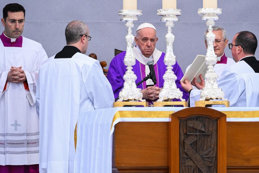 Pope Francis celebrates mass on April 03, 2022 outside the St. Publius parish church at Piazzale dei Granai in Floriana, Valletta, Malta, on the second and last day of the Pope's trip to the Mediterranean archipelago. Andreas SOLARO / AFP Pope Francis celebrates mass on April 03, 2022 outside the St. Publius parish church at Piazzale dei Granai in Floriana, Valletta, Malta, on the second and last day of the Pope's trip to the Mediterranean archipelago.