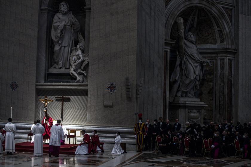 Pope Francis celebrates Good Friday Mass for the Passion of the Lord at St. Peter's Basilica in the Vatican, 15 April 2022. EPA/ANGELO CARCONI Pope Francis celebrates Good Friday Mass for the Passion of the Lord at St. Peter's Basilica in the Vatican, 15 April 2022.