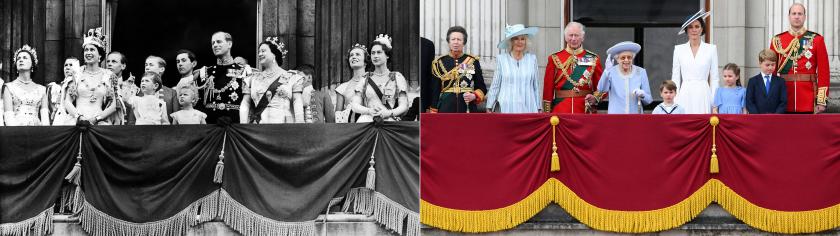 This combination of pictures created on June 2, 2022 shows (Left) Britain's Queen Elizabeth II (2nd L), accompanied by Prince Philip, Duke of Edinburgh (C), Prince Charles (3rd L), Princess Anne (C), Queen mother Elizabeth (3rd R) and Princess Margaret appearing on the balcony of Buckingham Palace, on her Coronation day, on June 2, 1953 in London; and (Right) Britain's Queen Elizabeth II (C) standing with from left, Britain's Princess Anne, Princess Royal, Britain's Camilla, Duchess of Cornwall, Britain's Prince Charles, Prince of Wales, Britain's Prince Louis of Cambridge, Britain's Catherine, Duchess of Cambridge, Britain's Princess Charlotte of Cambridge , Britain's Prince George of Cambridge, Britain's Prince William, Duke of Cambridge , to watch a special flypast from Buckingham Palace balcony following the Queen's Birthday Parade, the Trooping the Colour, as part of Queen Elizabeth II's platinum jubilee celebrations, in London on June 2, 2022. Huge crowds converged on central London in bright sunshine o This combination of pictures created on June 2, 2022 shows (Left) Britain's Queen Elizabeth II (2nd L), accompanied by Prince Philip, Duke of Edinburgh (C), Prince Charles (3rd L), Princess Anne (C), Queen mother Elizabeth (3rd R) and Princess Margaret appearing on the balcony of Buckingham Palace, on her Coronation day, on June 2, 1953 in London; and (Right) Britain's Queen Elizabeth II (C) standing with from left, Britain's Princess Anne, Princess Royal, Britain's Camilla, Duchess of Cornwall, Britain's P