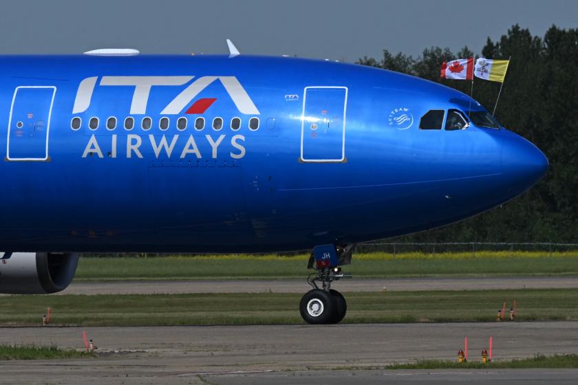 An ITA Airways plane with Pope Francis onboard lands at Edmonton International Airport in Alberta Providence, Canada, on July 24, 2022. Pope Francis visits Canada for a chance to personally apologize to Indigenous survivors of abuse committed over a span of decades at residential schools run by the Catholic Church. An ITA Airways plane with Pope Francis onboard lands at Edmonton International Airport in Alberta Providence, Canada, on July 24, 2022. Pope Francis visits Canada for a chance to personally apologize to Indigenous survivors of abuse committed over a span of decades at residential schools run by the Catholic Church. Patrick T. FALLON / AFP