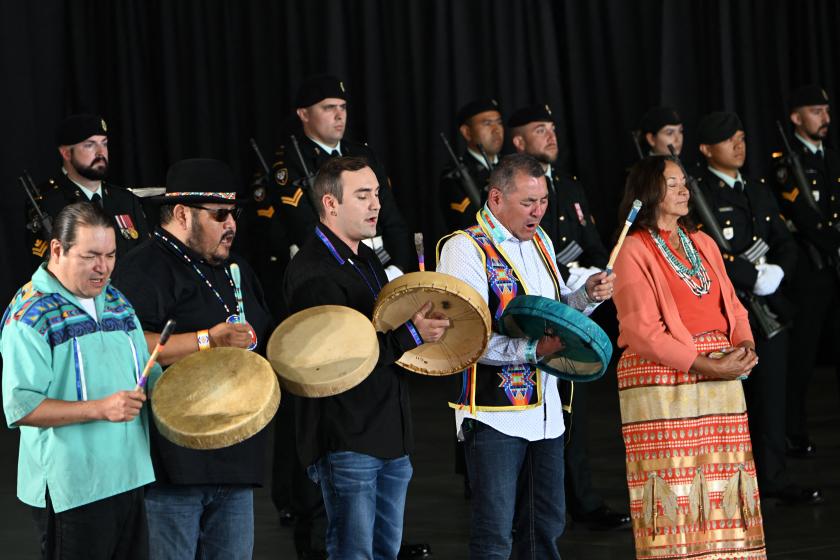 Indigenous musicians play for Pope Francis during a welcoming ceremony for the Pope at Edmonton International Airport in Alberta Province, Canada, on July 24, 2022. Pope Francis visits Canada for a chance to personally apologize to Indigenous survivors of abuse committed over a span of decades at residential schools run by the Catholic Church. Patrick T. FALLON / AFP Indigenous musicians play for Pope Francis during a welcoming ceremony for the Pope at Edmonton International Airport in Alberta Province, Canada, on July 24, 2022. Pope Francis visits Canada for a chance to personally apologize to Indigenous survivors of abuse committed over a span of decades at residential schools run by the Catholic Church. Patrick T. FALLON / AFP