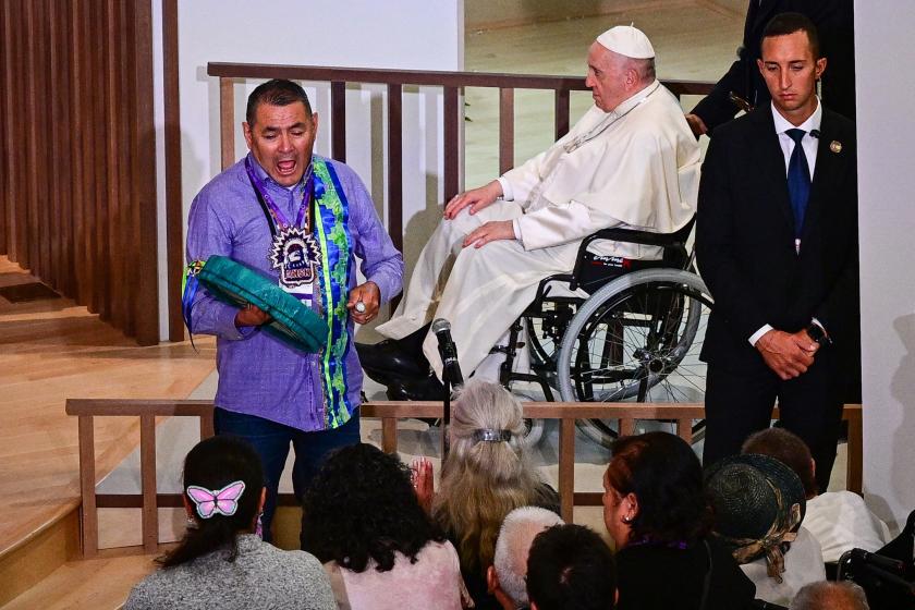 Pope Francis arrives at the Sacred Heart Church of the First Peoples to meet with members of the Indigenous community in Edmonton, Alberta, Canada, on July 25, 2022. Pope Francis on Monday apologized for the "evil" inflicted on the Indigenous peoples of Canada on the first day of a visit focused on addressing decades of abuse committed at Catholic institutions. Vincenzo PINTO / AFP Pope Francis arrives at the Sacred Heart Church of the First Peoples to meet with members of the Indigenous community in Edmonton, Alberta, Canada, on July 25, 2022. Pope Francis on Monday apologized for the "evil" inflicted on the Indigenous peoples of Canada on the first day of a visit focused on addressing decades of abuse committed at Catholic institutions. Vincenzo PINTO / AFP