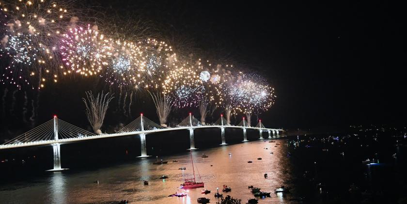 Fireworks explode over the newly built "Peljesac" bridge on July 26, 2022 in Komarna during its opening ceremony. The bridge connects central and Southern parts of Croatian Adriatic coast, via Peljesac peninsula. The bridge linking Peljesac peninsula with the Croatian mainland has been widely regarded as one of the country’s most ambitious infrastructure projects since Zagerb declared independence from Yugoslavia in 1991. ELVIS BARUKCIC / AFP Fireworks explode over the newly built "Peljesac" bridge on July 26, 2022 in Komarna during its opening ceremony. The bridge connects central and Southern parts of Croatian Adriatic coast, via Peljesac peninsula. The bridge linking Peljesac peninsula with the Croatian mainland has been widely regarded as one of the country’s most ambitious infrastructure projects since Zagerb declared independence from Yugoslavia in 1991. ELVIS BARUKCIC / AFP