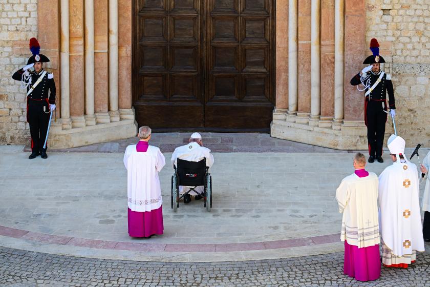 Pope Francis (C) presides over the Rite of Opening the Holy Door at the Basilica of Santa Maria di Collemaggio in L'Aquila, on August 28, 2022, during a one-day pastoral visit to the 2009 earthquake-struck Abruzzo capital. Vincenzo PINTO / AFP Pope Francis (C) presides over the Rite of Opening the Holy Door at the Basilica of Santa Maria di Collemaggio in L'Aquila, on August 28, 2022, during a one-day pastoral visit to the 2009 earthquake-struck Abruzzo capital. Vincenzo PINTO / AFP