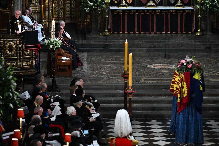 The Archbishop of Canterbury Justin Welby (top left) gives a reading at the State Funeral Service for Britain's Queen Elizabeth II, at Westminster Abbey in London on September 19, 2022. Leaders from around the world will attend the state funeral of Queen Elizabeth II. The country's longest-serving monarch, who died aged 96 after 70 years on the throne, will be honoured with a state funeral on Monday morning at Westminster Abbey. Ben Stansall / POOL / AFP The Archbishop of Canterbury Justin Welby (top left) gives a reading at the State Funeral Service for Britain's Queen Elizabeth II, at Westminster Abbey in London on September 19, 2022. Leaders from around the world will attend the state funeral of Queen Elizabeth II. The country's longest-serving monarch, who died aged 96 after 70 years on the throne, will be honoured with a state funeral on Monday morning at Westminster Abbey. Ben Stansall / POOL / AFP
