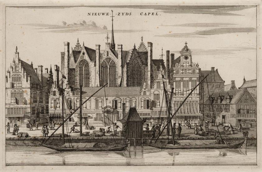 Anoniem. Nieuwezijds Kapel, Amsterdam, gezien vanaf het Rokin. 1663. Gravure. Afmetingen onbekend. Amsterdam, Stadsarchief Amsterdam heilige stede