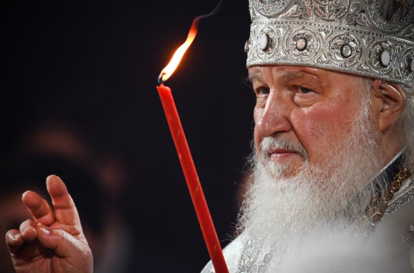 Russian Orthodox Patriarch Kirill serves during an Orthodox Easter service, late on April 23, 2022 in Moscow. Alexander NEMENOV / AFP Russian Orthodox Patriarch Kirill serves during an Orthodox Easter service, late on April 23, 2022 in Moscow.