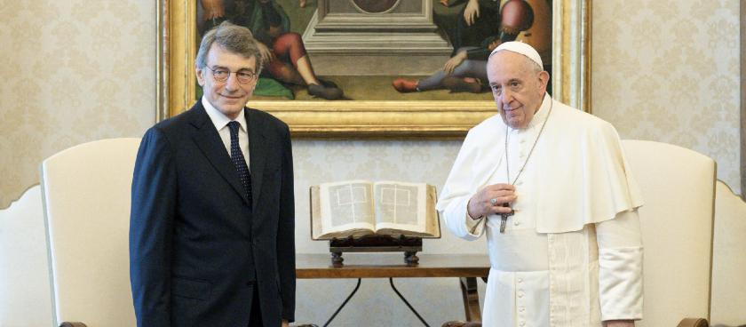 This handout picture released by the Vatican Media on June 26, 2021 shows Pope Francis (R) meets European Parliament President David Sassoli at the Vatican . This handout picture released by the Vatican Media on June 26, 2021 shows Pope Francis (R) meets European Parliament President David Sassoli at the Vatican .