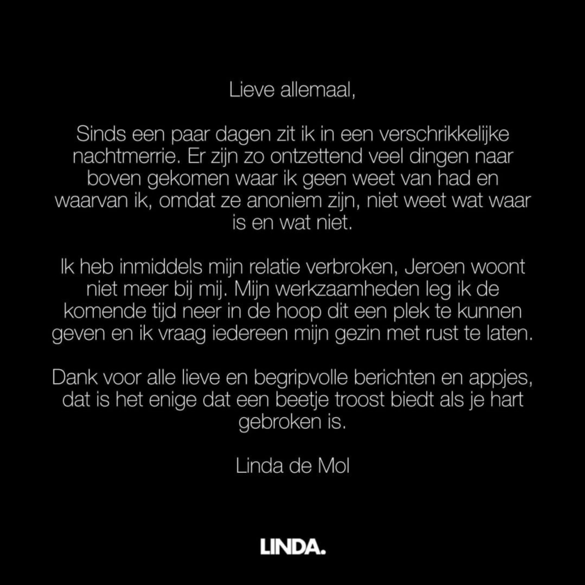 Statement Linda de Mol na alle ophef rond Jeroen Rietbergen Statement Linda de Mol na alle ophef rond Jeroen Rietbergen