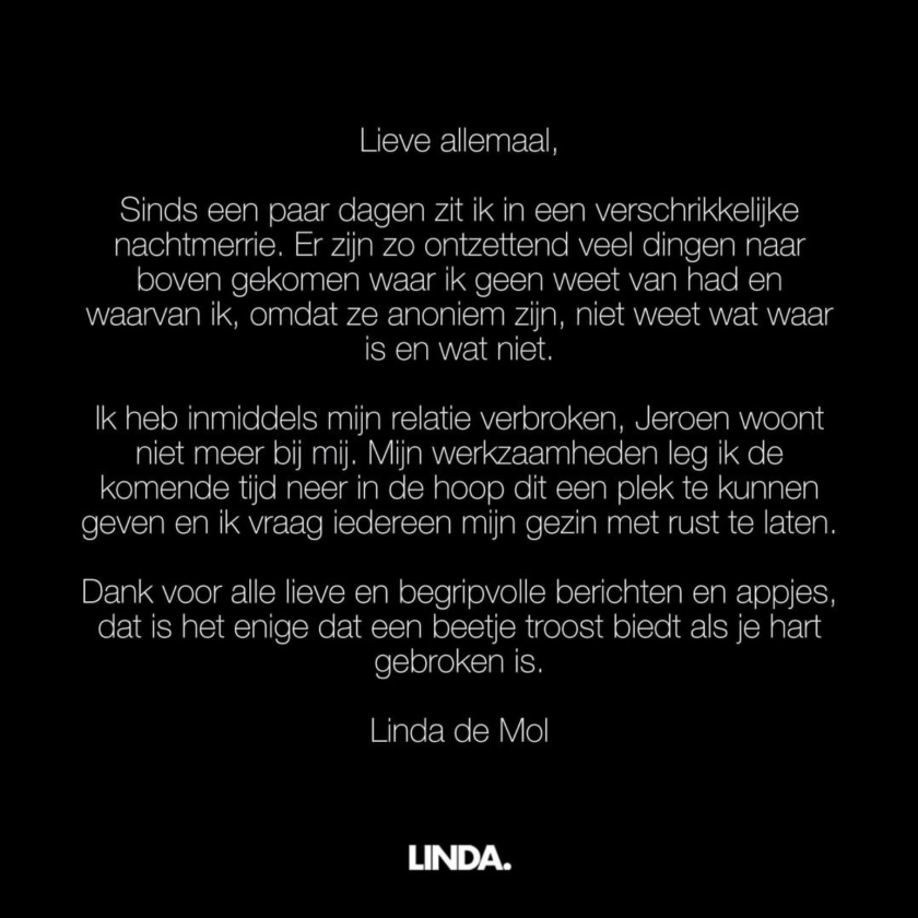 Statement Linda de Mol na alle ophef rond Jeroen Rietbergen