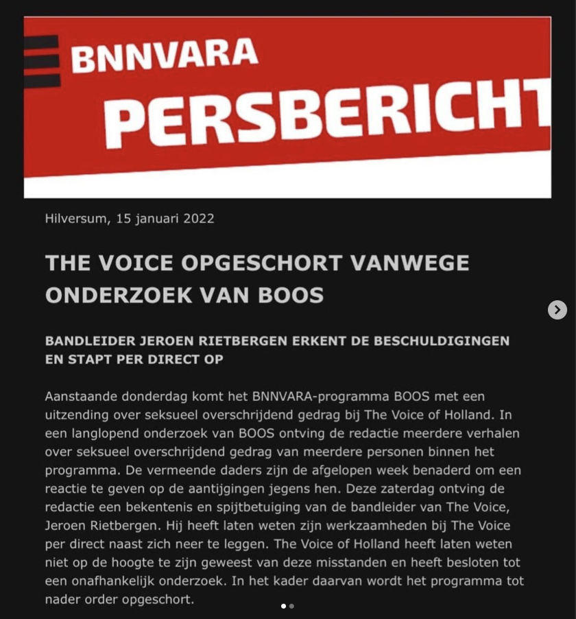 Persbericht BNNVARA over de bekentenis van Jeroen Rietbergen en het opschorten van The Voice Persbericht BNNVARA over de bekentenis van Jeroen Rietbergen en het opschorten van The Voice
