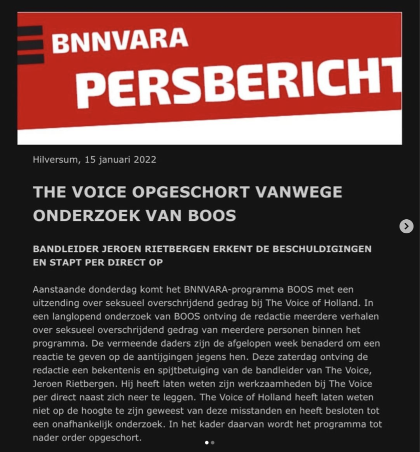 Persbericht BNNVARA over de bekentenis van Jeroen Rietbergen en het opschorten van The Voice