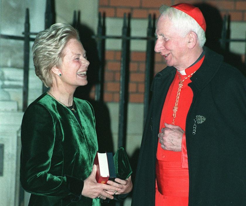 The Duchess of Kent and Cardinal Basil Hume, Archbishop of Westminster, chat outside the prelate's house after the Duchess was received into the Roman Catholic Church,14 January 1994, in an historic break with the Royal tradition.