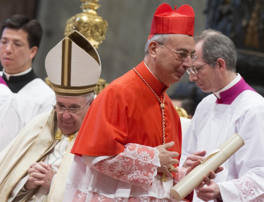 Dominique Mamberti after receiving his red cardinal hat from Pope Francis during the Ordinary Public Consistory for the creation of new cardinals in Saint Peter's Basilica, Vatican City, 14 February 2015. Twenty new cardinals are receiving their red hats during the ceremony held over two days. One new cardinal will not attend because of his advanced age. EPA/CLAUDIO PERI Dominique Mamberti after receiving his red cardinal hat from Pope Francis during the Ordinary Public Consistory for the creation of new cardinals in Saint Peter's Basilica, Vatican City, 14 February 2015. Twenty new cardinals are receiving their red hats during the ceremony held over two days. One new cardinal will not attend because of his advanced age. EPA/CLAUDIO PERI