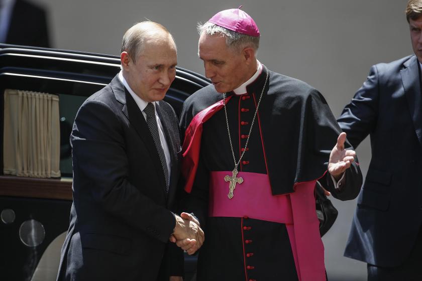 Russian President Vladimir Putin (L) is welcomed by Archbishop Georg Gaenswein (R) as he arrives for a meeting with Pope Francis at the Vatican, 04 July 2019. Putin is scheduled to meet with the Pope and Italian leaders. EPA/Fabio Frustaci Russian President Vladimir Putin (L) is welcomed by Archbishop Georg Gaenswein (R) as he arrives for a meeting with Pope Francis at the Vatican, 04 July 2019. Putin is scheduled to meet with the Pope and Italian leaders. EPA/Fabio Frustaci