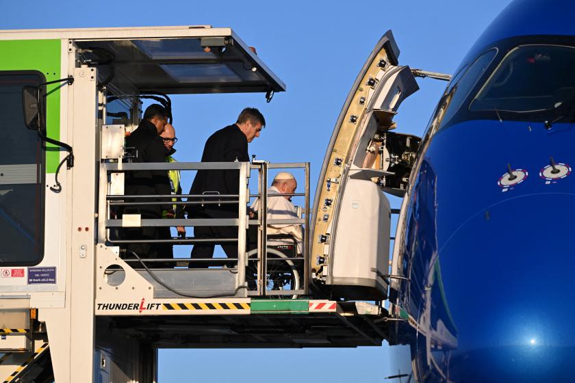 Pope Francis, seated on a wheelchair (C), is lifted on a platform to board his plane on January 31, 2023 at Rome's Fiumicino airport, heading to Democratic Republic of Congo and South Sudan. Pope Francis heads to Democratic Republic of Congo and South Sudan, delivering a message of peace and reconciliation to two sub-Saharan African nations plagued by conflict. The pontiff flies to the Congolese capital Kinshasa on January 31 before heading on Friday to Juba, the capital of South Sudan where he will be joined by the leaders of the Anglican Church and the Church of Scotland. Pope Francis, seated on a wheelchair (C), is lifted on a platform to board his plane on January 31, 2023 at Rome's Fiumicino airport, heading to Democratic Republic of Congo and South Sudan. Pope Francis heads to Democratic Republic of Congo and South Sudan, delivering a message of peace and reconciliation to two sub-Saharan African nations plagued by conflict. The pontiff flies to the Congolese capital Kinshasa on January 31 before heading on Friday to Juba, the capital of South Sudan where he will be join