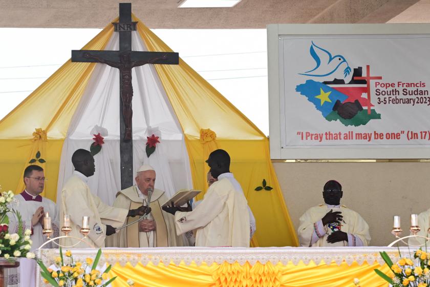 Pope Francis (3rd L) presides over the holy mass at the John Garang Mausoleum in Juba, South Sudan, on February 5, 2023. Pope Francis wraps up his pilgrimage to South Sudan with an open-air mass on February 5, 2023 after urging its leaders to focus on bringing peace to the fragile country torn apart by violence and poverty. The three-day trip is the first papal visit to the largely Christian country since it achieved independence from Sudan in 2011 and plunged into a civil war that killed nearly 400,000 people. Tiziana FABI / AFP Pope Francis (3rd L) presides over the holy mass at the John Garang Mausoleum in Juba, South Sudan, on February 5, 2023. Pope Francis wraps up his pilgrimage to South Sudan with an open-air mass on February 5, 2023 after urging its leaders to focus on bringing peace to the fragile country torn apart by violence and poverty. The three-day trip is the first papal visit to the largely Christian country since it achieved independence from Sudan in 2011 and plunged into a civil war that killed nearly 400,000 peo
