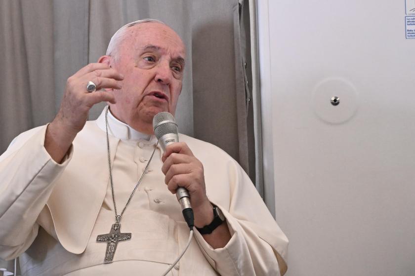Pope Francis addresses the media while aboard the plane from Juba to Rome on 05 February 2023, returning from he Pope's visit to Democratic Republic of Congo and South Sudan. EPA/TIZIANA FABI / POOL Pope Francis addresses the media while aboard the plane from Juba to Rome on 05 February 2023, returning from he Pope's visit to Democratic Republic of Congo and South Sudan. EPA/TIZIANA FABI / POOL