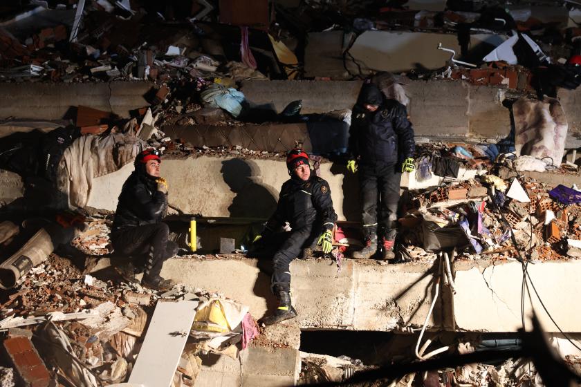 Rescuers search for victims and survivors amidst the rubble of collapsed buildings in Kahramanmaras, Turkey, after a 7.8-magnitude earthquake struck the country's southeast on February 7, 2023. Rescuers search for victims and survivors amidst the rubble of collapsed buildings in Kahramanmaras, Turkey, after a 7.8-magnitude earthquake struck the country's southeast on February 7, 2023.