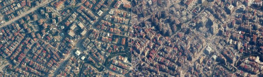 This combination of pictures created on February 08, 2023 shows a (L) handout satellite image courtesy of Maxar Technologies showing an overview of Antakya, Turkey on December 22, 2022, before an 7.8 magnitude earthquake which struck the region on February 6, 2023, and (R) a handout satellite image courtesy of Maxar Technologies showing collapsed builidings in Antakya, Turkey on February 8, 2023, after an 7.8 magnitude earthquake which struck the region on February 6, 2023. This combination of pictures created on February 08, 2023 shows a (L) handout satellite image courtesy of Maxar Technologies showing an overview of Antakya, Turkey on December 22, 2022, before an 7.8 magnitude earthquake which struck the region on February 6, 2023, and (R) a handout satellite image courtesy of Maxar Technologies showing collapsed builidings in Antakya, Turkey on February 8, 2023, after an 7.8 magnitude earthquake which struck the region on February 6, 2023.