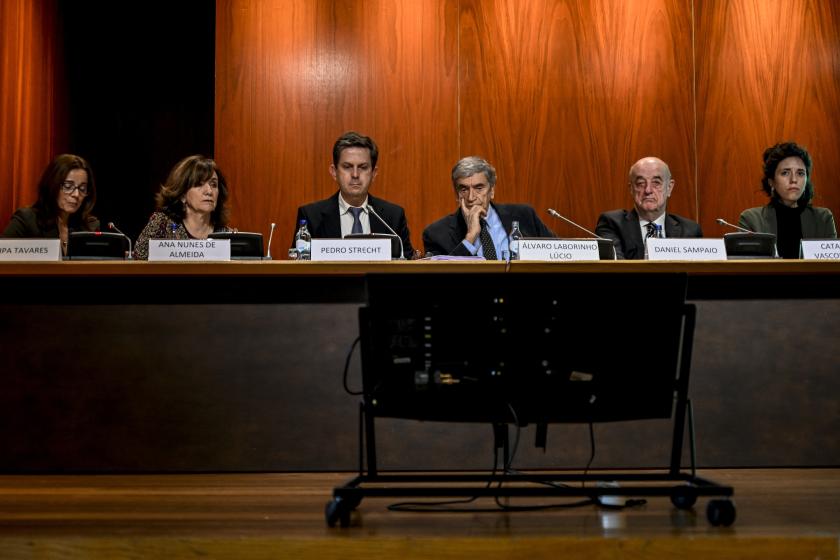 Pedro Strecht (3L), child psychiatrist and coordinator of the independent commission for the study of sexual abuse of children in the Portuguese Catholic Church, holds a press conference to present the commission's findings at Gulbenkian Foundation in Lisbon, on February 13, 2023. Catholic clergy in Portugal have abused nearly 5,000 children since 1950, an independent commission said today. The Portuguese inquiry, commissioned by the Church in the staunchly Catholic country, published its findings after hea