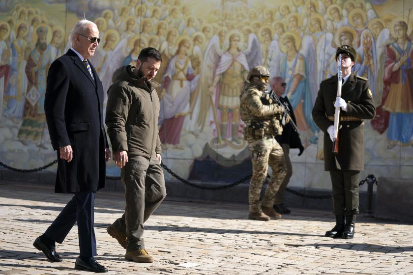 US President Joe Biden (L) walks next to Ukrainian President Volodymyr Zelensky (R) as he arrives for a visit in Kyiv on February 20, 2023. US President Joe Biden made a surprise trip to Kyiv on February 20, 2023, ahead of the first anniversary of Russia's invasion of Ukraine, AFP journalists saw. Biden met Ukrainian President Volodymyr Zelensky in the Ukrainian capital on his first visit to the country since the start of the conflict. Evan Vucci / POOL / AFP US President Joe Biden (L) walks next to Ukrainian President Volodymyr Zelensky (R) as he arrives for a visit in Kyiv on February 20, 2023. US President Joe Biden made a surprise trip to Kyiv on February 20, 2023, ahead of the first anniversary of Russia's invasion of Ukraine, AFP journalists saw. Biden met Ukrainian President Volodymyr Zelensky in the Ukrainian capital on his first visit to the country since the start of the conflict. Evan Vucci / POOL / AFP