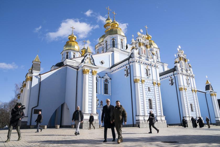 US President Joe Biden (C-L) walks with Ukrainian President Volodymyr Zelensky (C-R) at St. Michael's Golden-Domed Cathedral during an unannounced visit, in Kyiv on February 20, 2023. US President Joe Biden promised increased arms deliveries for Ukraine during a surprise visit to Kyiv on February 20, 2023, in which he also vowed Washington's "unflagging commitment" in defending Ukraine's territorial integrity. Evan Vucci / POOL / AFP US President Joe Biden (C-L) walks with Ukrainian President Volodymyr Zelensky (C-R) at St. Michael's Golden-Domed Cathedral during an unannounced visit, in Kyiv on February 20, 2023. US President Joe Biden promised increased arms deliveries for Ukraine during a surprise visit to Kyiv on February 20, 2023, in which he also vowed Washington's "unflagging commitment" in defending Ukraine's territorial integrity. Evan Vucci / POOL / AFP