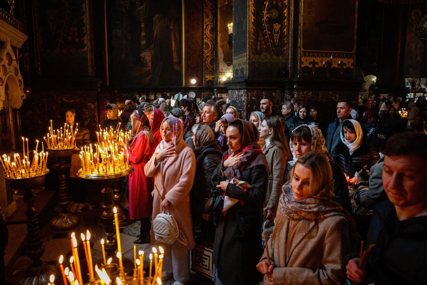 Worshippers pray as they attend an Orthodox Easter service at Saint Volodymyr's Cathedral in Kyiv on April 16, 2023, amid the Russian invasion of Ukraine. Dimitar DILKOFF / AFP Worshippers pray as they attend an Orthodox Easter service at Saint Volodymyr's Cathedral in Kyiv on April 16, 2023, amid the Russian invasion of Ukraine. Dimitar DILKOFF / AFP