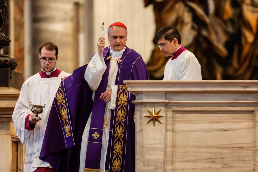 Cardinal Mauro Gambetti celebrates a penitential rite in St. Peter’s Basilica following an incident, on the evening of 01 June, in which a Polish-born man stripped naked and climbed atop the Altar of the Confession with the words 'Save children of Ukraina' written on his back in English, at Vatican City, 03 June 2023. EPA/GIUSEPPE LAMI Cardinal Mauro Gambetti celebrates a penitential rite in St. Peter’s Basilica following an incident, on the evening of 01 June, in which a Polish-born man stripped naked and climbed atop the Altar of the Confession with the words 'Save children of Ukraina' written on his back in English, at Vatican City, 03 June 2023. EPA/GIUSEPPE LAMI