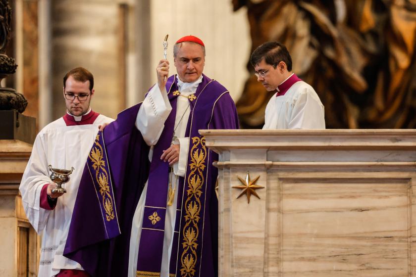 Cardinal Mauro Gambetti celebrates a penitential rite in St. Peterâ€™s Basilica following an incident, on the evening of 01 June, in which a Polish-born man stripped naked and climbed atop the Altar of the Confession with the words 'Save children of Ukraina' written on his back in English, at Vatican City, 03 JuneÂ 2023. EPA/GIUSEPPE LAMI