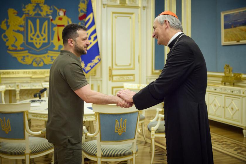 This handout photograph taken and released by the Ukrainian Presidential press service on June 6, 2023, shows Ukrainian President Volodymyr Zelensky (L) shaking hands with Pope Francis' peace envoy to Ukraine, Cardinal Matteo Zuppi, during their meeting in Kyiv, amid the Russian invasion of Ukraine. Handout / UKRAINIAN PRESIDENTIAL PRESS SERVICE / AFP This handout photograph taken and released by the Ukrainian Presidential press service on June 6, 2023, shows Ukrainian President Volodymyr Zelensky (L) shaking hands with Pope Francis' peace envoy to Ukraine, Cardinal Matteo Zuppi, during their meeting in Kyiv, amid the Russian invasion of Ukraine. Handout / UKRAINIAN PRESIDENTIAL PRESS SERVICE / AFP