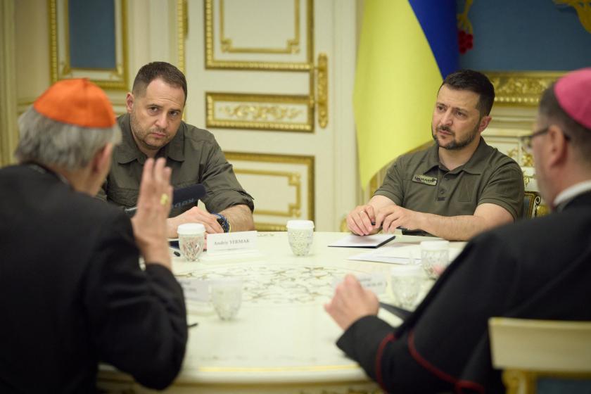 This handout photograph taken and released by the Ukrainian Presidential press service on June 6, 2023, shows Ukrainian President Volodymyr Zelensky (L) shaking hands with Pope Francis' peace envoy to Ukraine, Cardinal Matteo Zuppi, during their meeting in Kyiv, amid the Russian invasion of Ukraine. Handout / UKRAINIAN PRESIDENTIAL PRESS SERVICE / AFP This handout photograph taken and released by the Ukrainian Presidential press service on June 6, 2023, shows Ukrainian President Volodymyr Zelensky (L) shaking hands with Pope Francis' peace envoy to Ukraine, Cardinal Matteo Zuppi, during their meeting in Kyiv, amid the Russian invasion of Ukraine. Handout / UKRAINIAN PRESIDENTIAL PRESS SERVICE / AFP