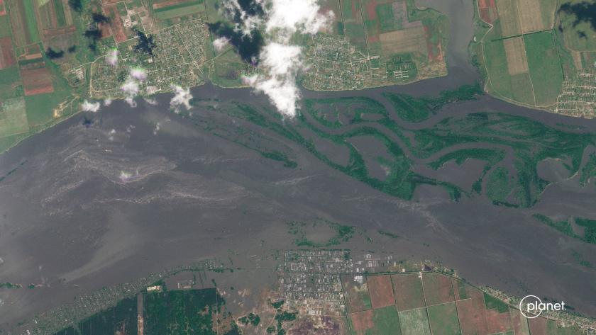 This handout satellite image courtesy of Planet Labs PBC shows flooding in the Dnipro river in Korsunka on June 6, 2023, following widespread flooding cause by damage to the Kakhovka dam. Thousands fled their homes June 7, 2023 after the destruction of a Russian-held dam in Ukraine flooded dozens of villages and parts of a nearby city, sparking fears of a humanitarian disaster. This handout satellite image courtesy of Planet Labs PBC shows flooding in the Dnipro river in Korsunka on June 6, 2023, following widespread flooding cause by damage to the Kakhovka dam. Thousands fled their homes June 7, 2023 after the destruction of a Russian-held dam in Ukraine flooded dozens of villages and parts of a nearby city, sparking fears of a humanitarian disaster.