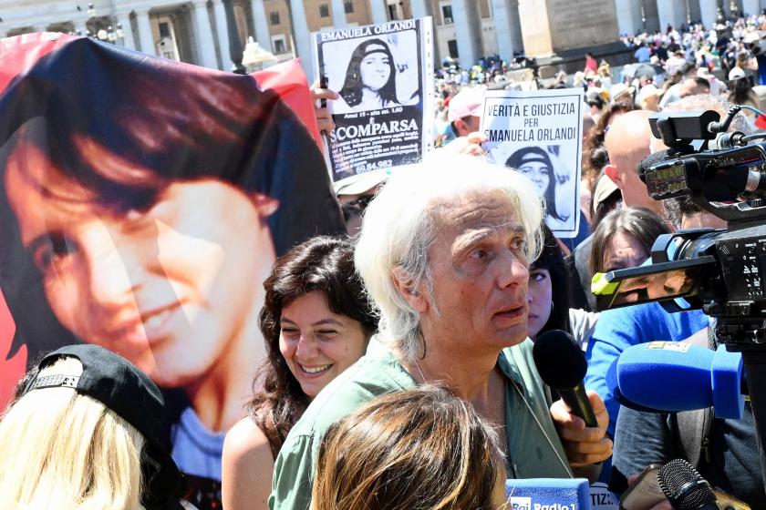 People hold placards with Emanuela Orlandi's portrait at the end of Pope's Angelus prayer in St. Peter's Square at the Vatican, on June 25, 2023. Emanuela Orlandi disappeared while returning home in Rome on June 22, 1983. VINCENZO PINTO / AFP People hold placards with Emanuela Orlandi's portrait at the end of Pope's Angelus prayer in St. Peter's Square at the Vatican, on June 25, 2023. Emanuela Orlandi disappeared while returning home in Rome on June 22, 1983. VINCENZO PINTO / AFP