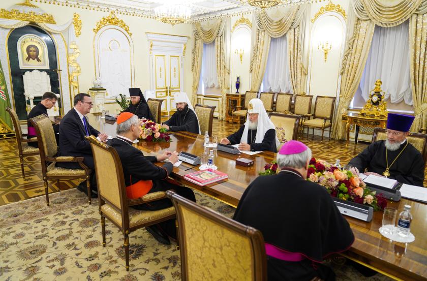 A handout photo made available by Russian Orthodox Church press service shows Russian Orthodox Patriarch Kirill (2-R) speaks with Cardinal Matteo Zuppi (C), Pope's envoy for the Ukrainian settlement, during their meeting in Moscow, Russia, 29 June 2023. Archbishop of Bologna Cardinal Matteo Maria Zuppi was sent by Pope Francis to Moscow as his envoy to establish dialogue and seek a peaceful solution to the Russian-Ukrainian conflict. Zuppi discussed the conflict in Ukraine with Russian presidential aide Yuri Ushakov. EPA/RUSSIAN ORTHODOX CHURCH PRESS SERVICE A handout photo made available by Russian Orthodox Church press service shows Russian Orthodox Patriarch Kirill (2-R) speaks with Cardinal Matteo Zuppi (C), Pope's envoy for the Ukrainian settlement, during their meeting in Moscow, Russia, 29 June 2023. Archbishop of Bologna Cardinal Matteo Maria Zuppi was sent by Pope Francis to Moscow as his envoy to establish dialogue and seek a peaceful solution to the Russian-Ukrainian conflict. Zuppi discussed the conflict in Ukraine with Russian presidential aide Yur